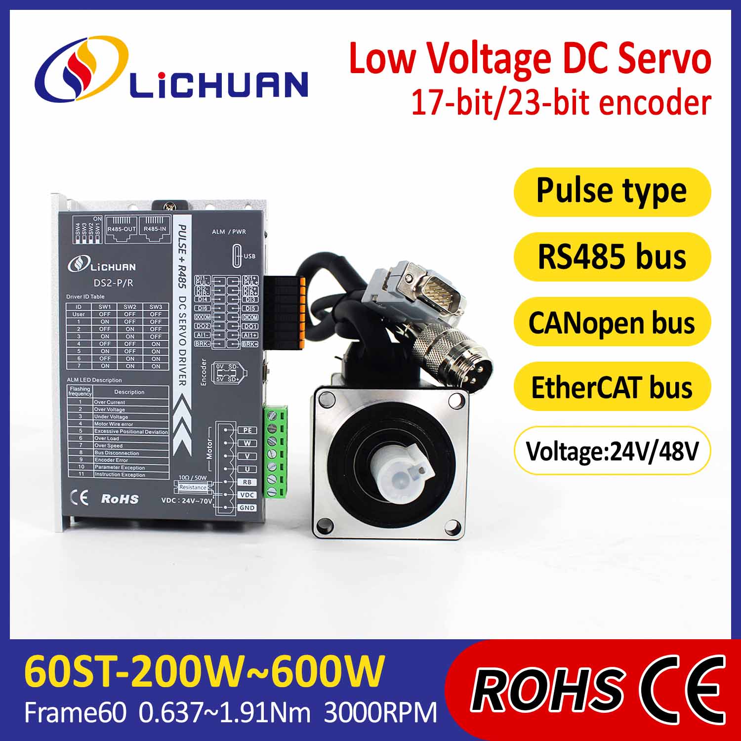 पल्स/RS485/CANopen/EtherCAT 60 FLANGED 200W/400W/600W लो व्होल्टेज DC सर्वो मोटर ड्रायव्हर्स किट